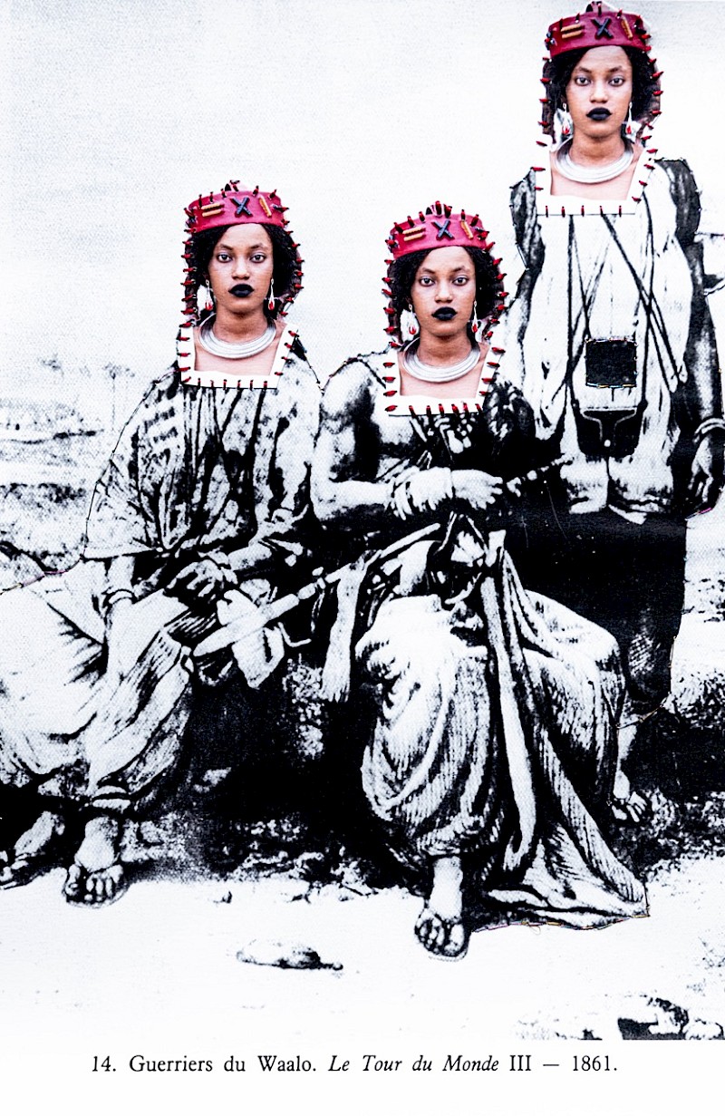 Image – Ishola Akpo, Guerrieres du walo, série traces d’une reine, 2023, Collage et couture sur papier d’archive, 45 x 30 cm