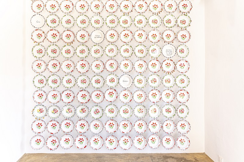 Image – Ishola Akpo, Fleurs de la Reine Guerrière, 2023, Installation mixte media, 210 plates, 250 x 245 cm