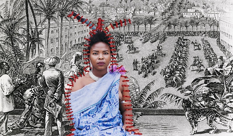 Image – Ishola Akpo, Défilé des troupes, série traces d’une reine, 2023, Collage et couture sur papier d’archive, 30 x 45 cm